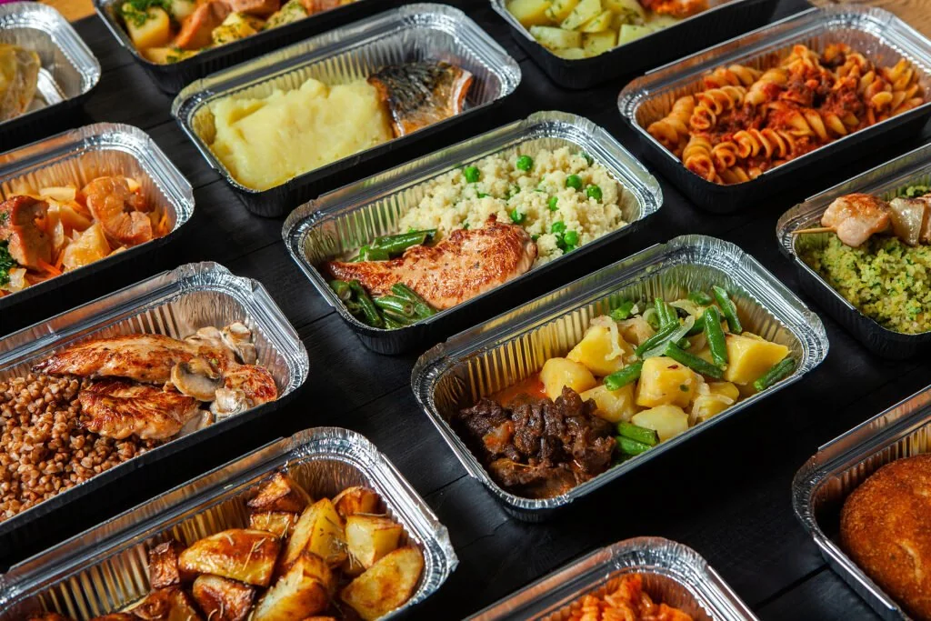 Prepared catering trays arranged for service