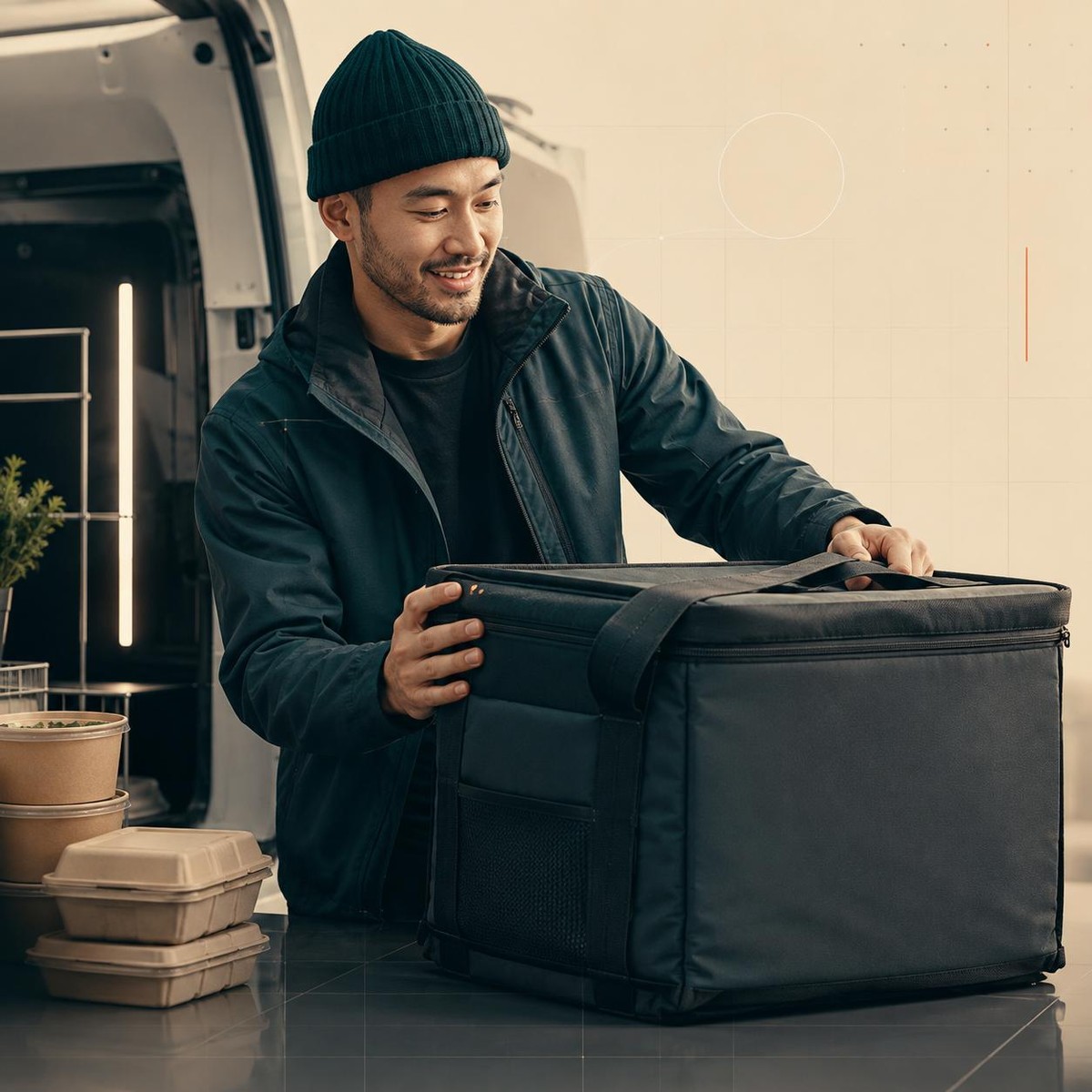 Courier preparing an insulated delivery bag beside a vehicle